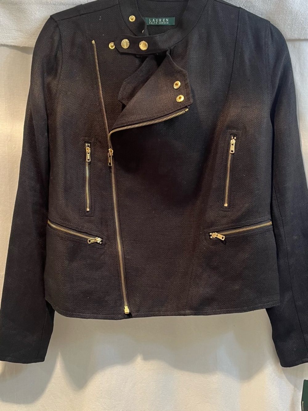Lauren Ralph Lauren Black Bomber Jacket with Gold-Tone Hardware. 100% linen.